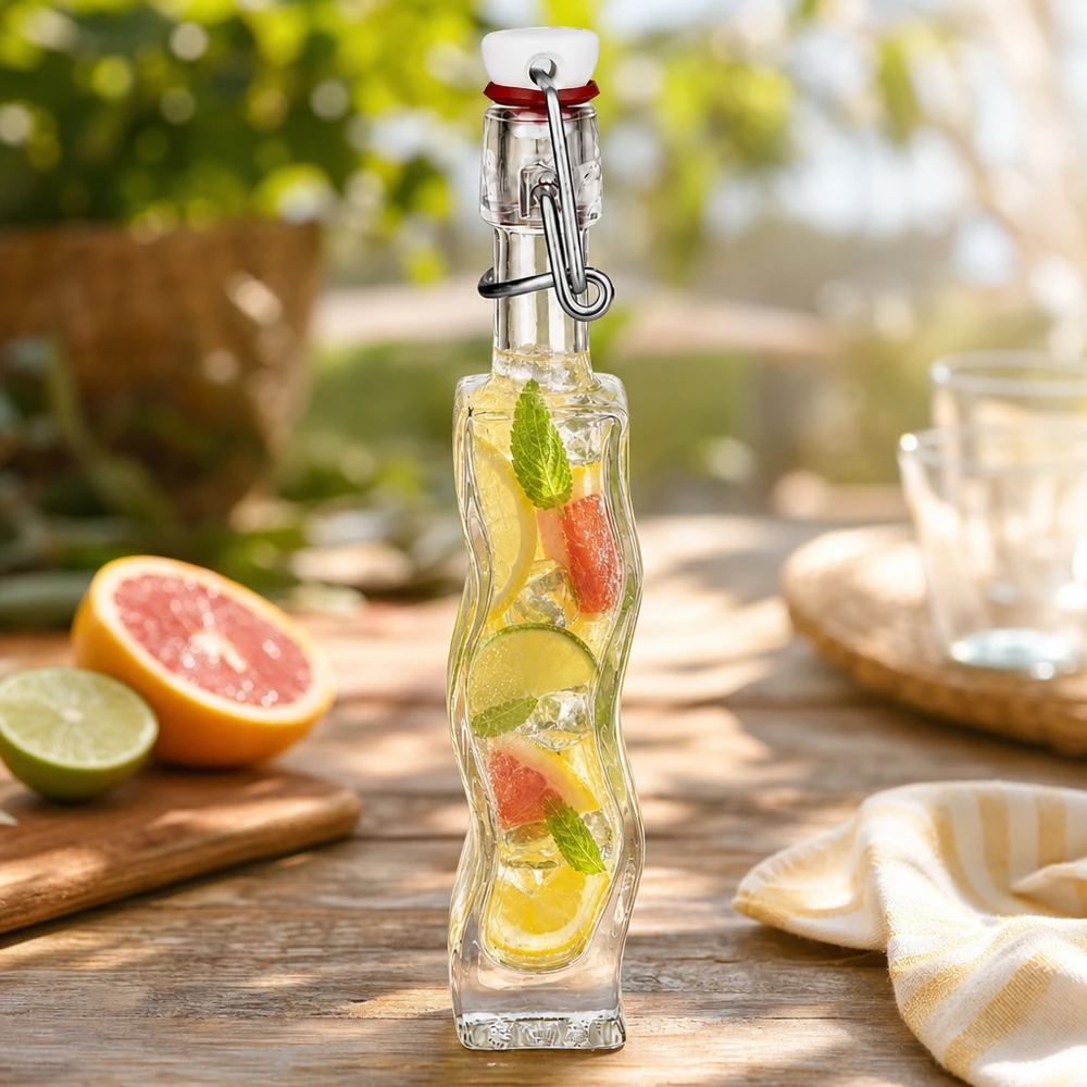 40ml glazen fles Anna gevuld met citrussappen op houten tafel met grapefruit, limoen en munt buiten