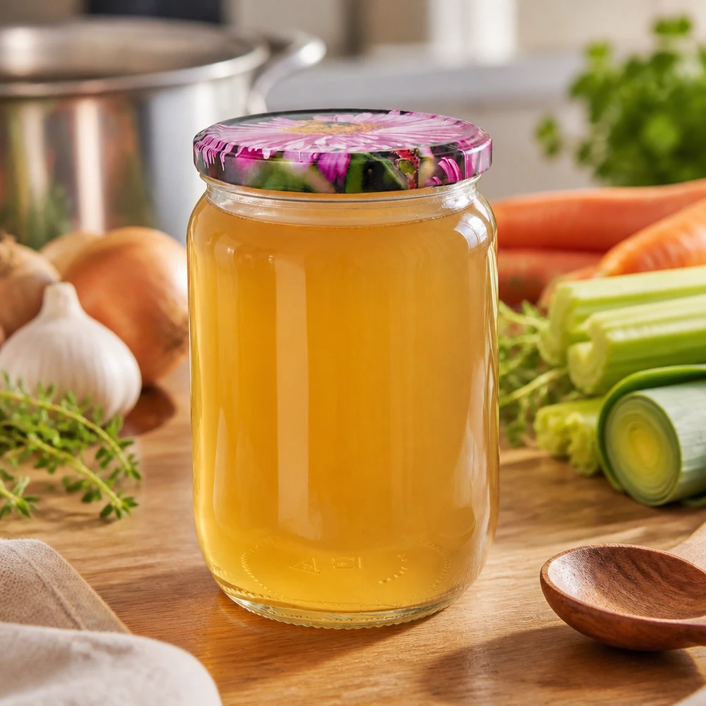 555 ml rond glas + BasicSeal-deksel ‘Blüte’ UNiTWIST Rond glazen pot van 555 ml, BasicSeal Blüte, geschikt voor het bewaren van bouillon, soep en fond