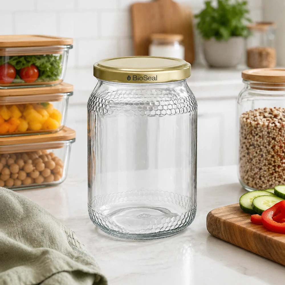 Honingpot 900ml leeg met gouden BioSeal deksel in een moderne keuken tussen voorraadpotten en verse ingrediënten