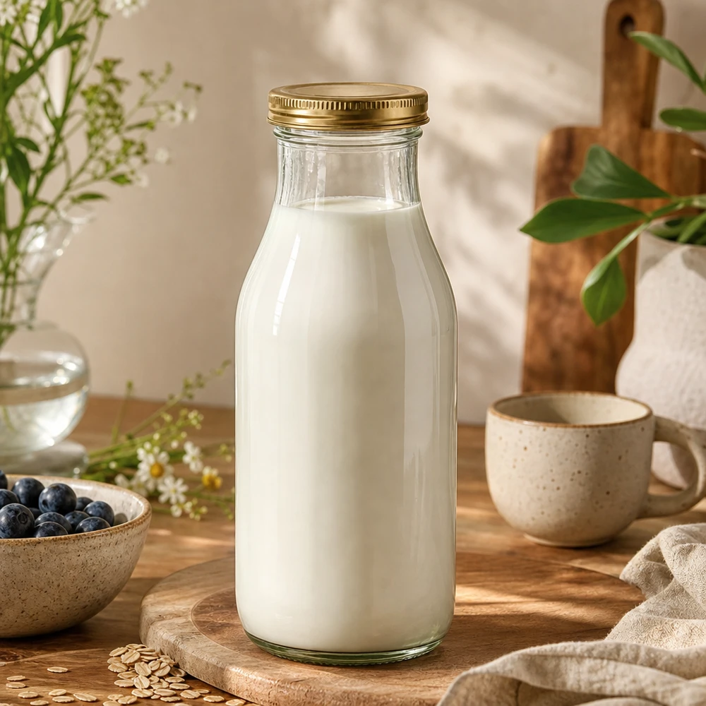 UNiTWIST Bottle263 glazen fles gevuld met melk en gouden TO43 BioSeal deksel in een natuurlijke keukenscène