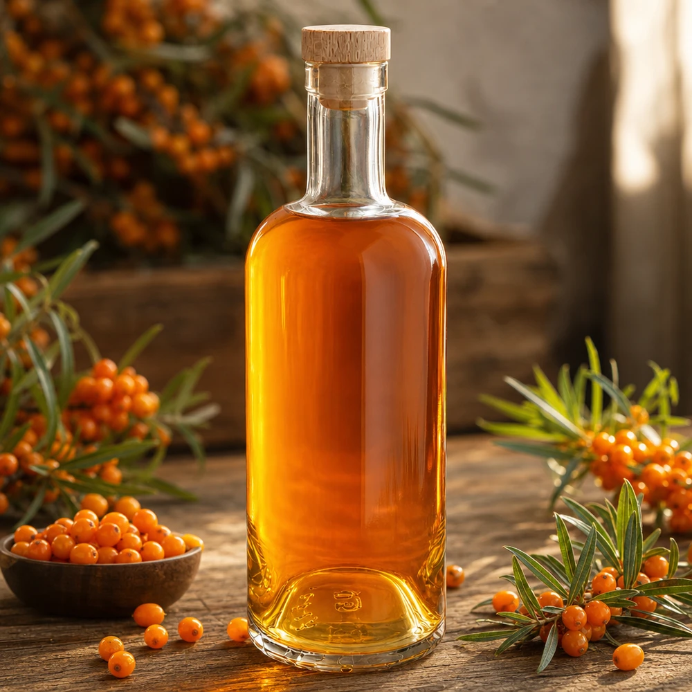 750 ml glazen fles Emma met houten kurk gevuld met oranje duindoornolie omringd door duindoornbessen en takjes