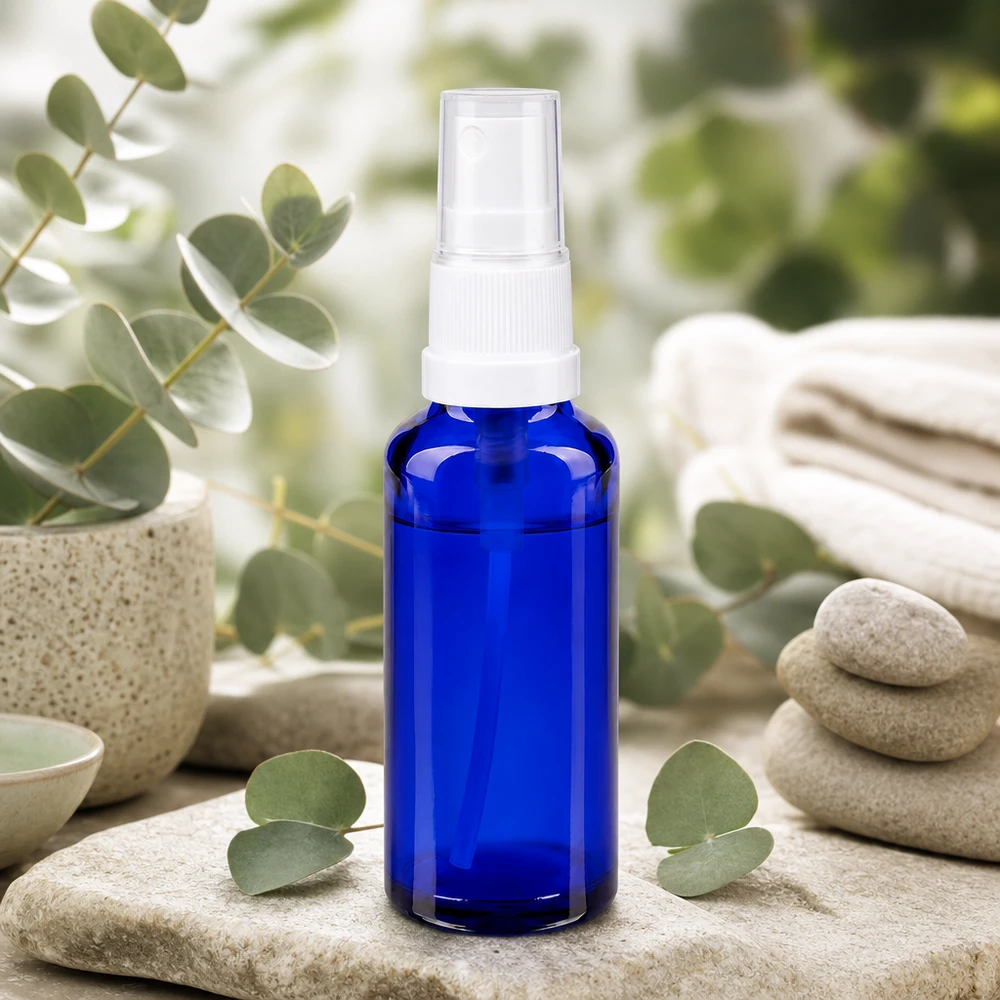 Kleine blauwe glazen spuitfles van 30 ml met witte verstuiver voor etherische oliën en aromatherapie