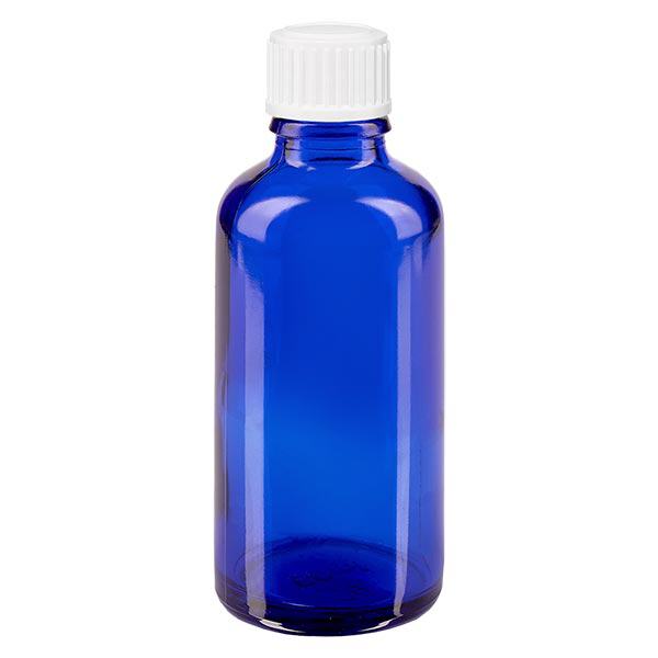 Blauwe glazen flessen 50ml met wit schroefsluiting globuli uitgietring St Blauwe glazen flessen 50ml met wit schroefsluiting globuli uitgietring St