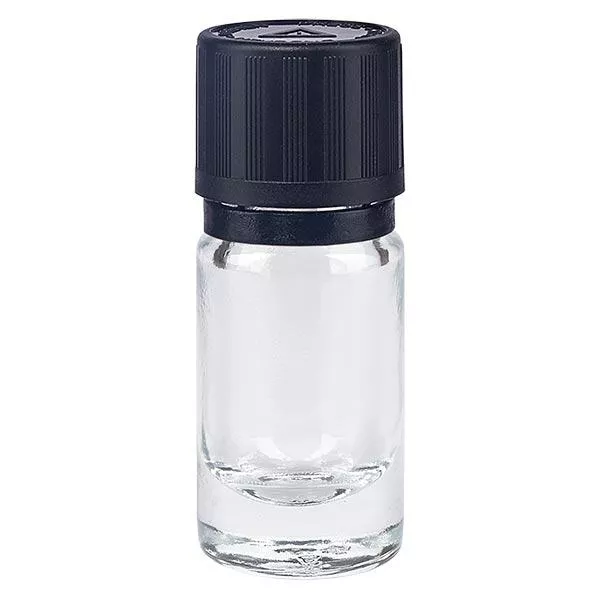 Helder glazen flessen 5ml met zwart druppelsluiting 1mm kinderslot Bliwa VR Helder glazen flessen 5ml met zwart druppelsluiting 1mm kinderslot Bliwa VR