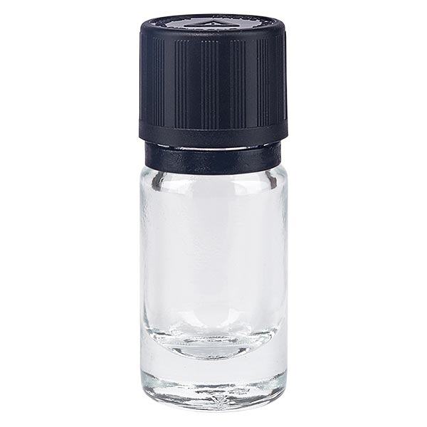 Helder glazen flessen 5ml met zwart druppelsluiting 1mm kinderslot Bliwa VR Helder glazen flessen 5ml met zwart druppelsluiting 1mm kinderslot Bliwa VR