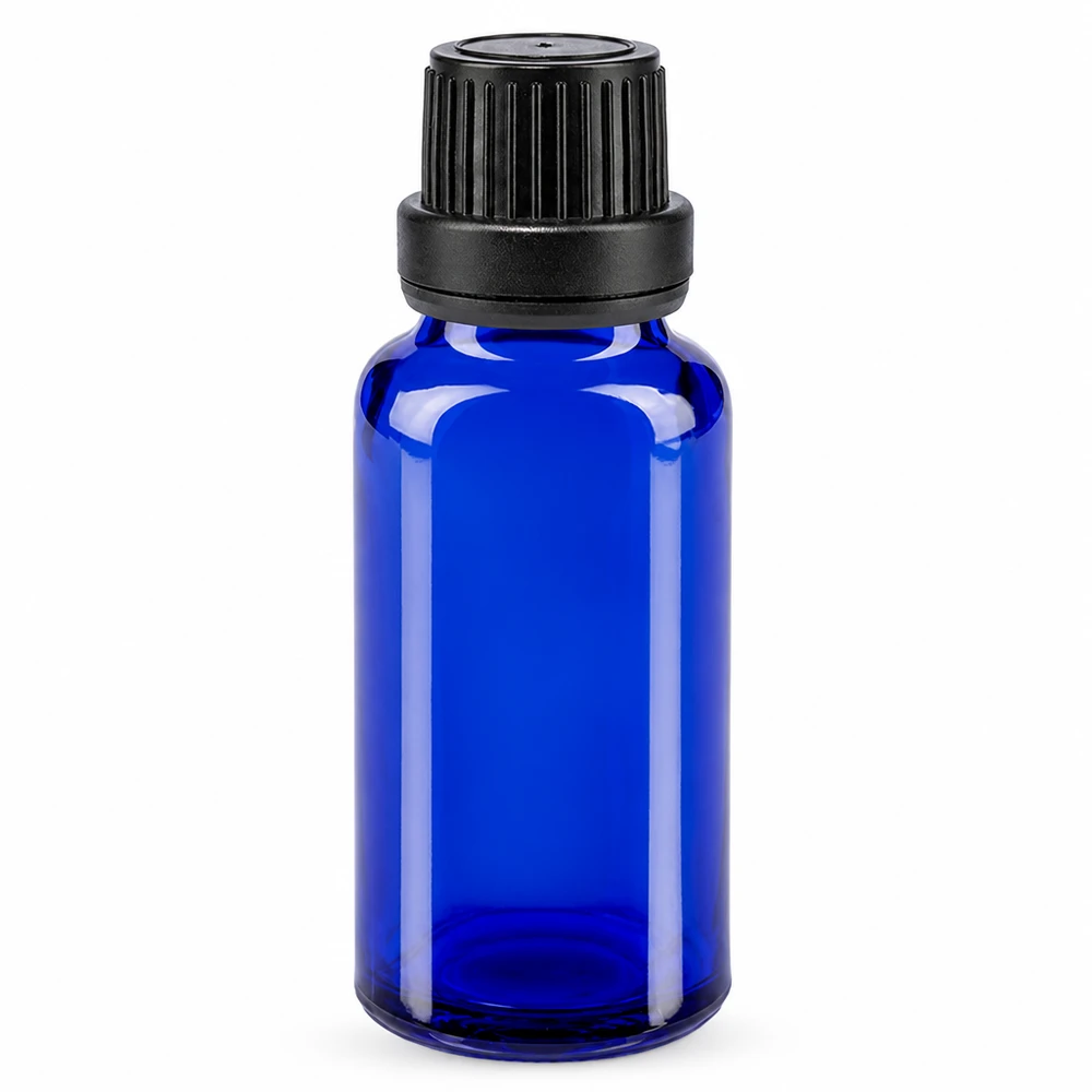 Blauwe glazen flessen 20ml met zwart druppelsluiting 2mm VR 20 ml ApoGlas-druppelflesje, blauw, met een druppelopening van 2 mm en een zwarte originaliteitssluiting