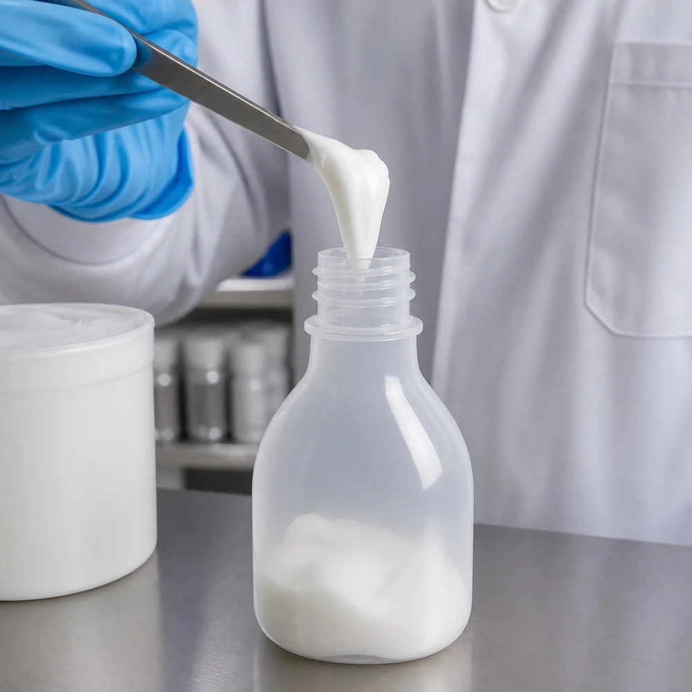 Een chemicus met beschermende handschoenen vult een laboratoriumflesje met smalle hals van 20 ml met een witte substantie