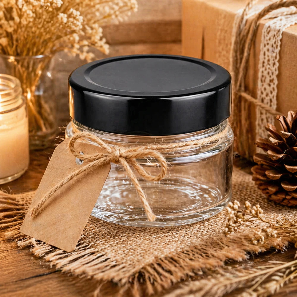 80ml rond glazen potje zwart transparant cosmetisch potje decoratief geschikt met cadeaulint natuurlijke decoratie BasicSeal