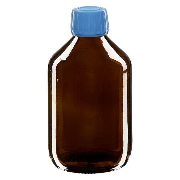 300ml Euro-medicijnfles bruin met blauwe schroefsluiting VR 300ml Euro-medicijnfles bruin met blauwe schroefsluiting VR