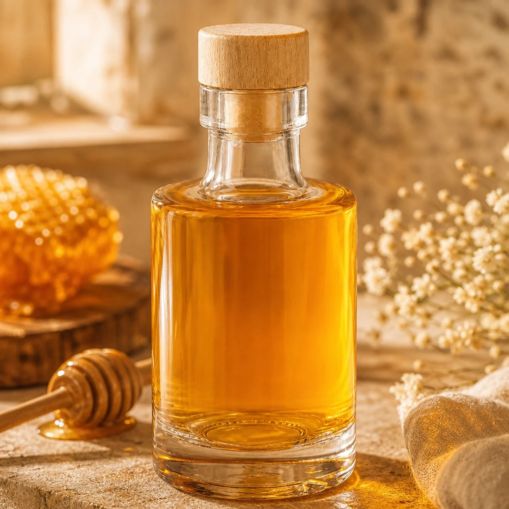 100 ml glazen fles Marie met houten kurk UNiTWIST® 100ml glazen fles Marie met houten kurk gevuld met honing naast honingraat en honinglepel op een rustieke houten tafel