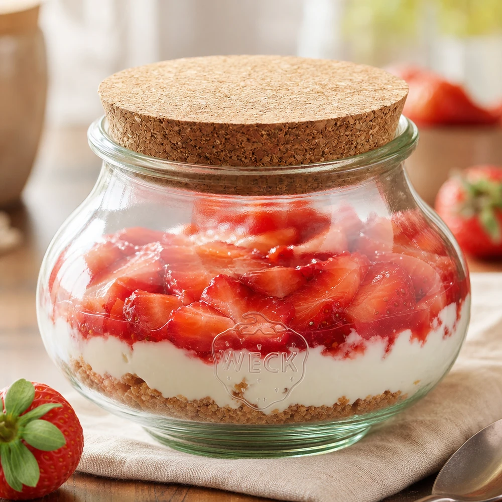 560ml juwelenglas WECK RR80 met kurk WECK decoratieve pot 560ml RR80 met kurk als dessertpot voor aardbeienyoghurt gelaagde dessert keukenpresentatie