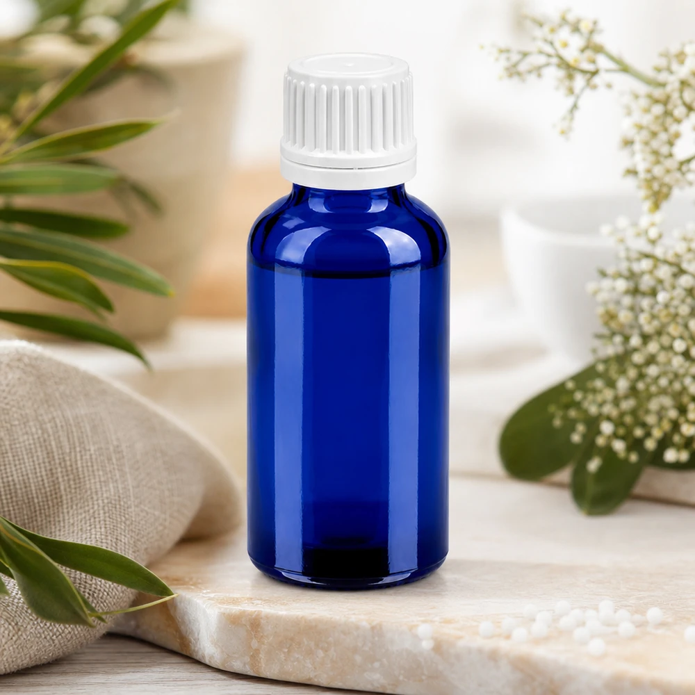 Navulbare glazen fles van 30 ml in kobaltblauw voor milieubewuste cosmetica en natuurlijke producten