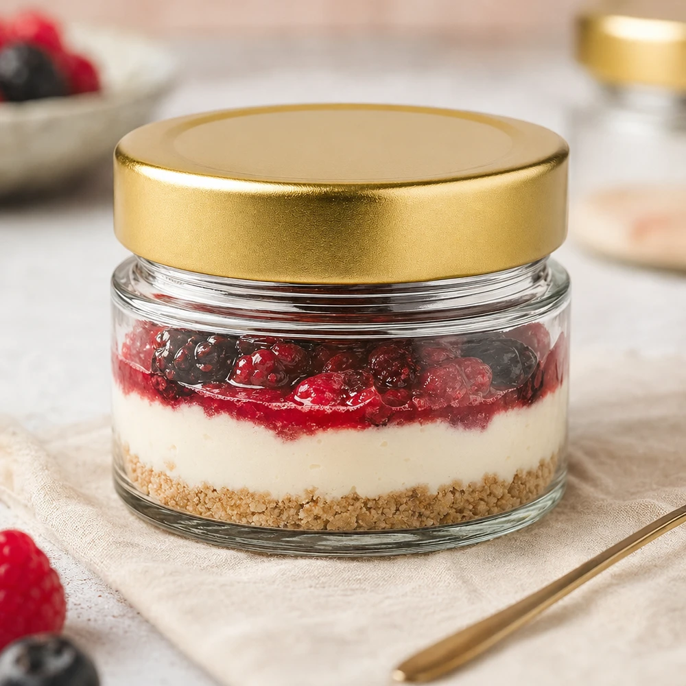 80ml rond glas met BasicSeal deksel gouddiep als dessertglas met cheesecake en bessen in een elegante tafeldecoratie