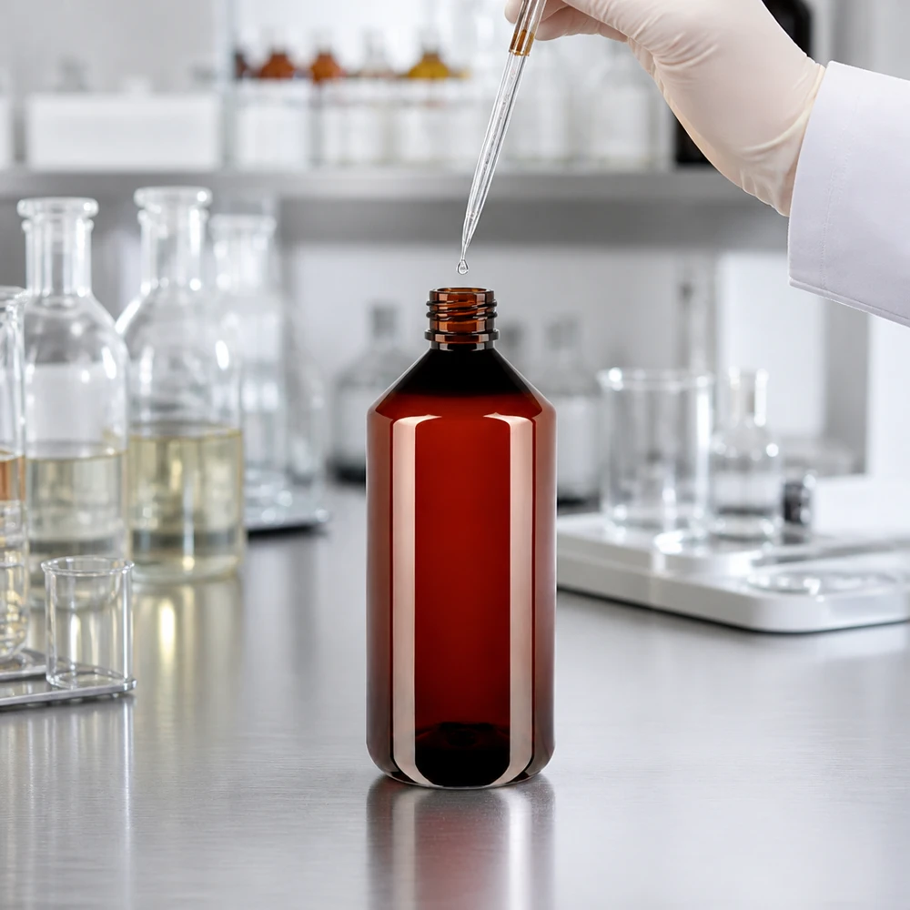 Braune 1-Liter PET Flasche mit originalem Schraubverschluss für Lagerung empfindlicher Flüssigkeiten