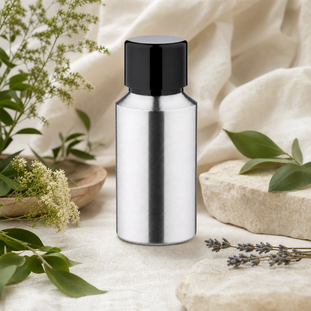 30 ml aluminium fles geslepen incl. schroefdop zwart met conusafdichting Navulbaar aluminium flesje van 30 ml met schroefdop voor duurzame cosmeticaverpakking