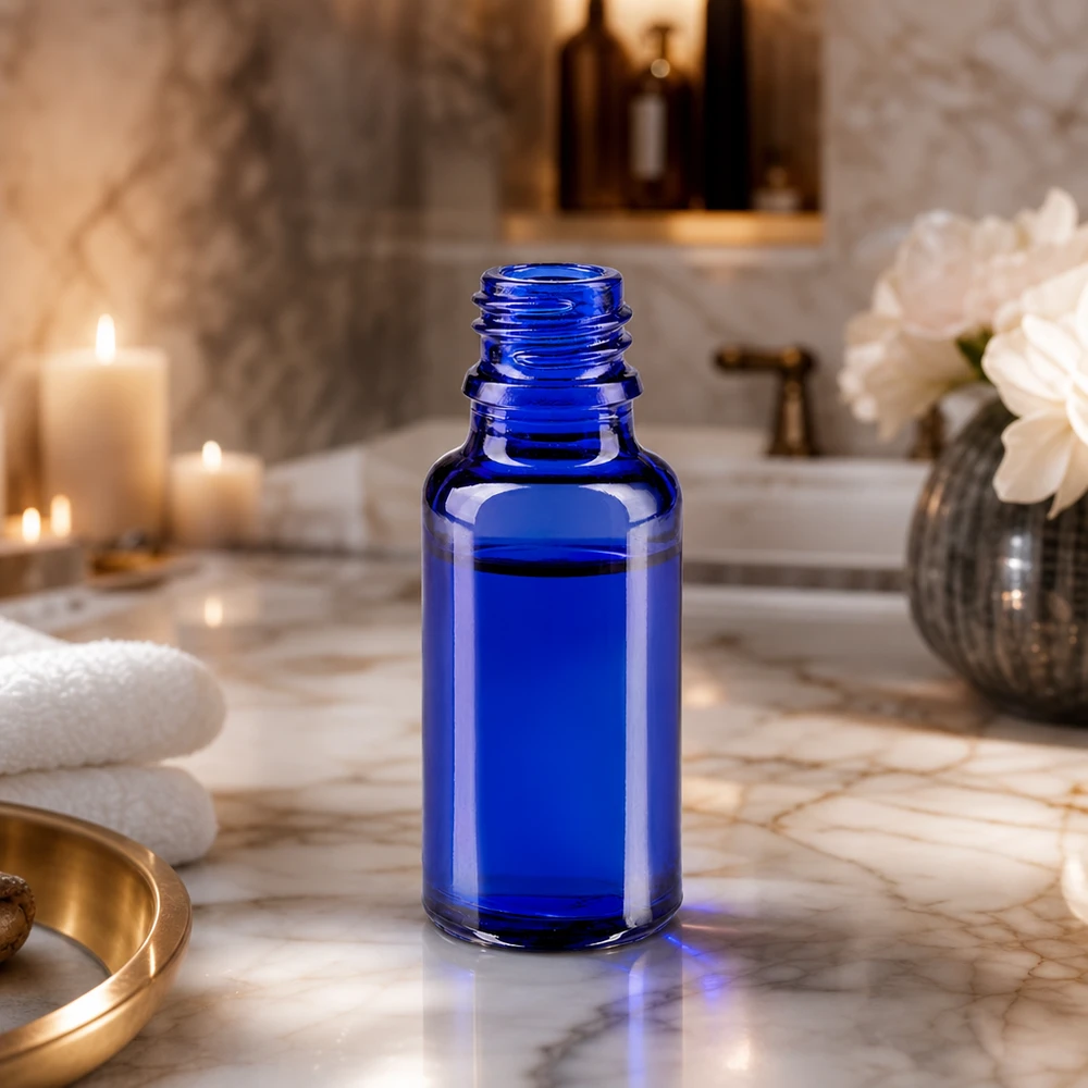 Traditionele blauwe 20ml ApoGlas fles met glad oppervlak voor hygiënisch reinigen