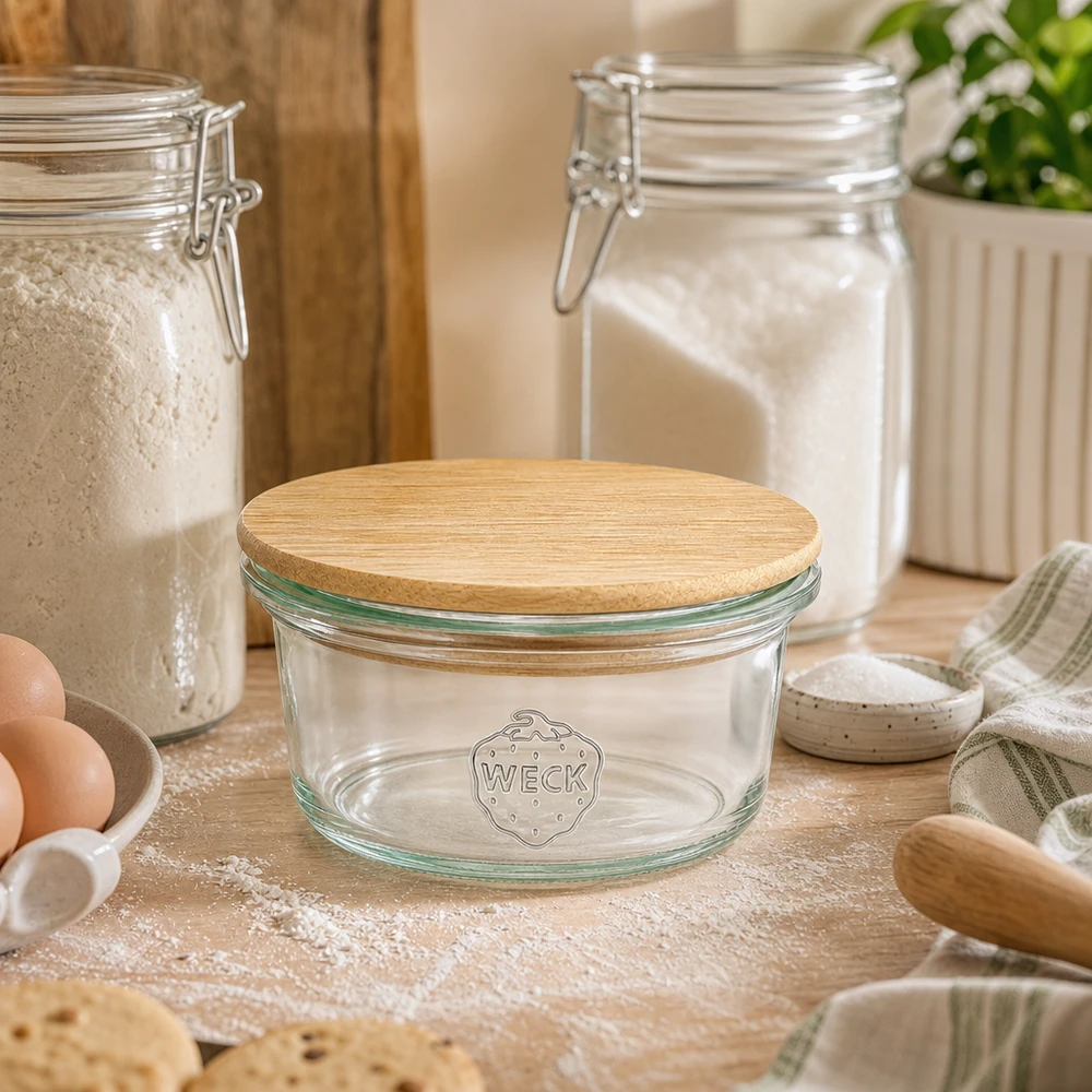 WECK-mini stortglas 50ml met hout deksel WECK Mini Sturzglas 50ml mit Bambusdeckel in gemütlicher Backstube zwischen Mehl, Eiern und Backutensilien auf Holzbrett