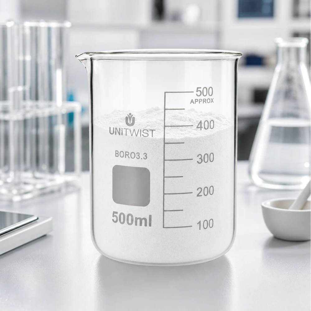 Beker 500ml borosilicaat, lage vorm UNiTWIST Laboratoriumopstelling met een UNiTWIST-bekerglas van 500 ml (borosilicaat) en een vijzel op de achtergrond