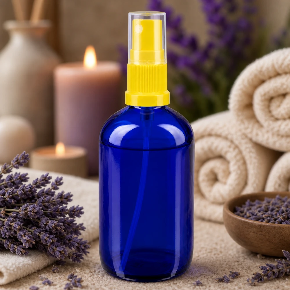 Navulbare glazen spuitfles van 100 ml in kobaltblauw met een gele dop voor kamersprays
