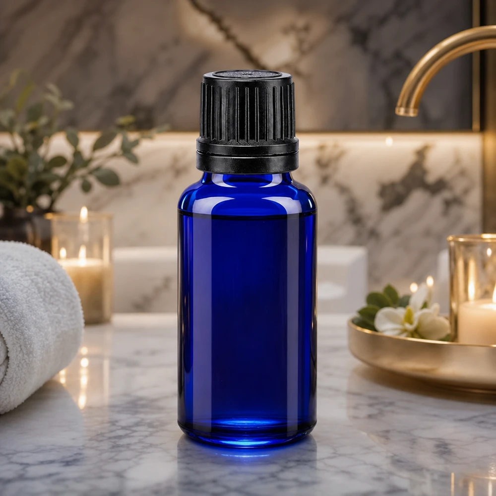 Lichtbeschermende kobaltblauwe glazen fles van 20 ml met een zwarte kindveilige sluiting