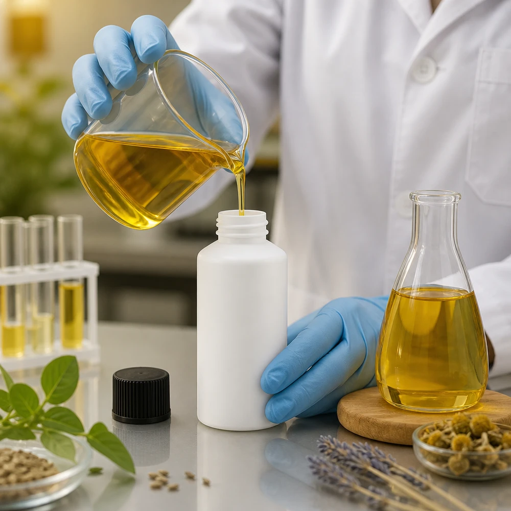 Compacte witte apothekersfles van 50 ml, gemaakt van HDPE, met een zwarte schroefdop en lavendel