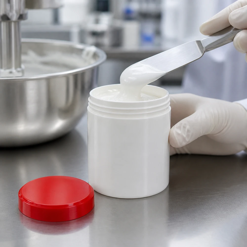Zalfpot 10 g wit met rood schroefdeksel (PP) Apotheekpotje van 10 g, wit PP met rode deksel, voor halfvaste preparaten