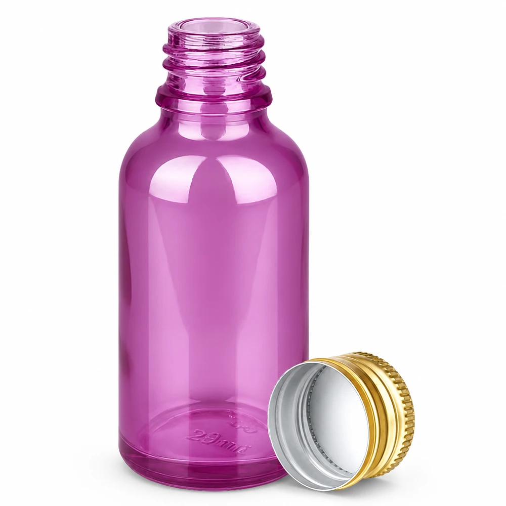 30ml flacon 11mm schroefdop aluminium gouden standaard PurpleLine. UT18/30 Compacte 30 ml fles in paarse look met aluminium dop voor het nauwkeurig doseren van vloeistoffen
