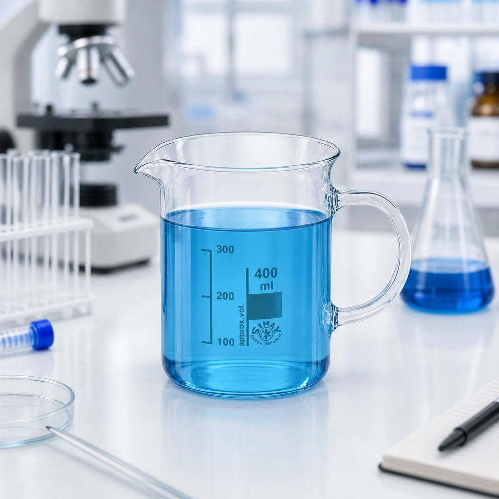 Bekerglas 400 ml van hittebestendig borosilicaatglas met handvat Glasbeker met handvat, 400 ml, van borosilicaatglas met volumemarkeringen, van Simax Czech Republic