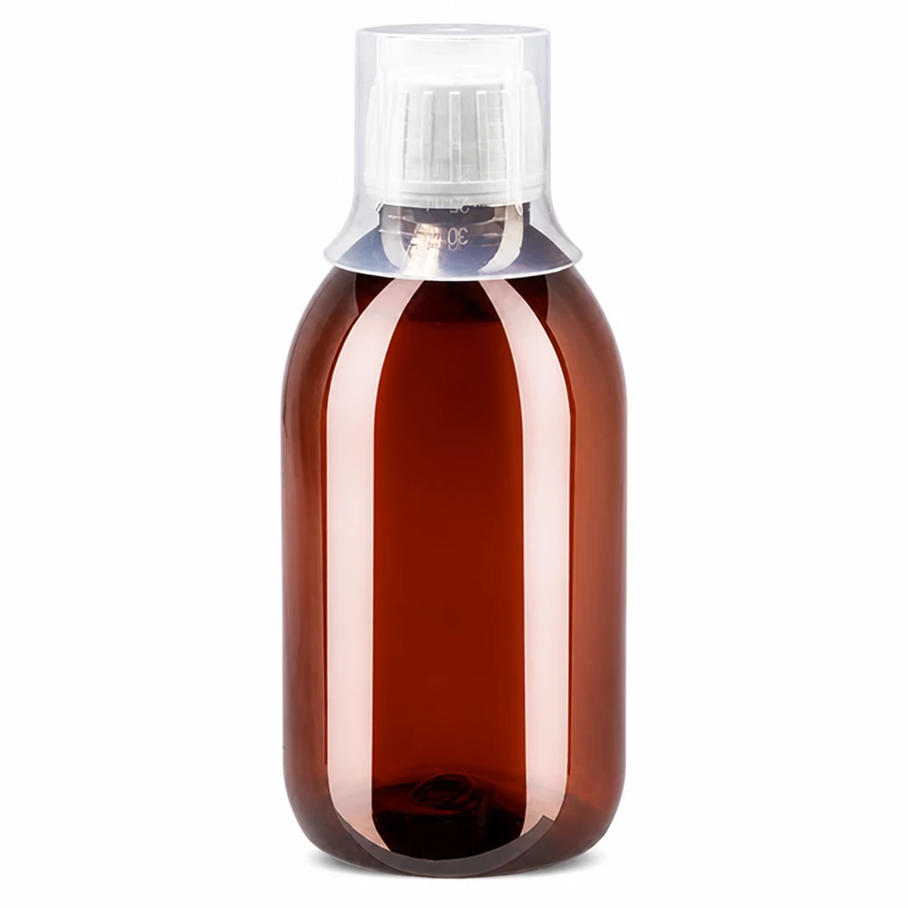 Pharmaflasche 250ml aus braunem PET mit weißem Originalverschluss und Dosierbecher