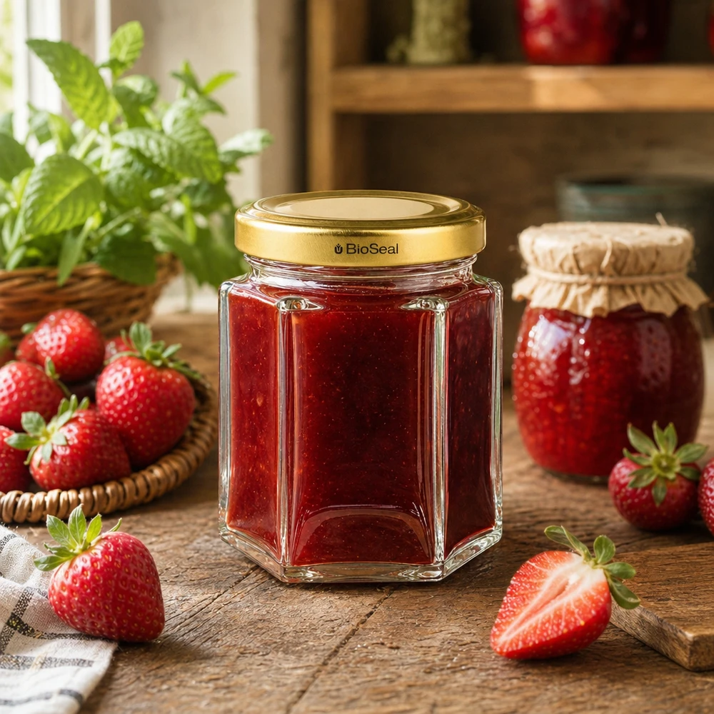 Honingpot 60 g met gouden BioSeal UNiTWIST-deksel 60 g BioSeal honingpot gevuld met aardbeienjam in een keukenscène met verse aardbeien en munt