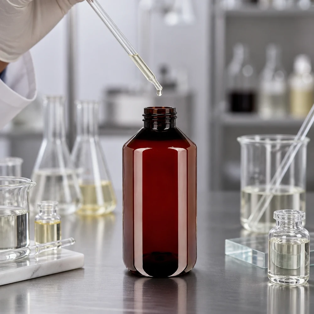 PET fles 750ml met witte verzegelstop + beker Voedselveilige bruine PET-fles van 750 ml met witte buitenverpakking en doseerpipet