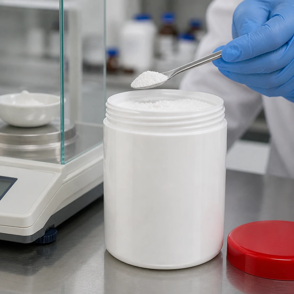 Witte kunststof pot van 20 g met rode schroefdop voor het nauwkeurig afwegen van stoffen