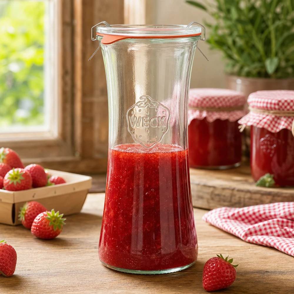 WECK RR80 700ml delicatessenpot gevuld met aardbeienjam, inmaakpot met draaidop in keukenscène