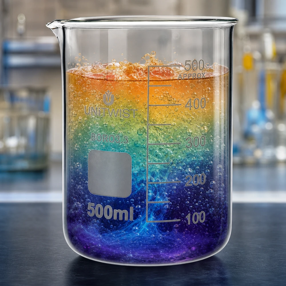 Beker 500ml borosilicaat, lage vorm UNiTWIST UNiTWIST-bekerglas 500 ml met schenktuit en beschrijfbaar etiketveld, vervaardigd uit borosilicaatglas
