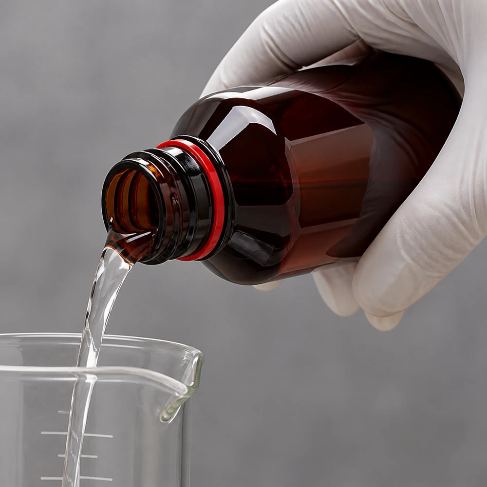 Vloeistofstroom uit een bruine PET-fles van 750 ml met rode originele dop onder laboratoriumomstandigheden