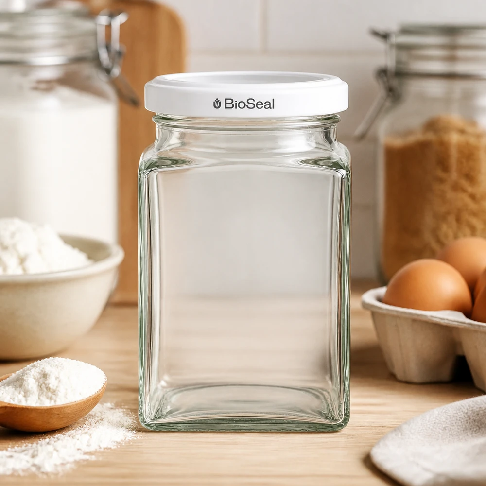 260ml tetraglas met BioSeal deksel wit UNiTWIST UNiTWIST Tetra260 Glasdose leer auf Holzbrett Küche Backzutaten Eier Mehl weißer TO58 BioSeal Deckel Backen