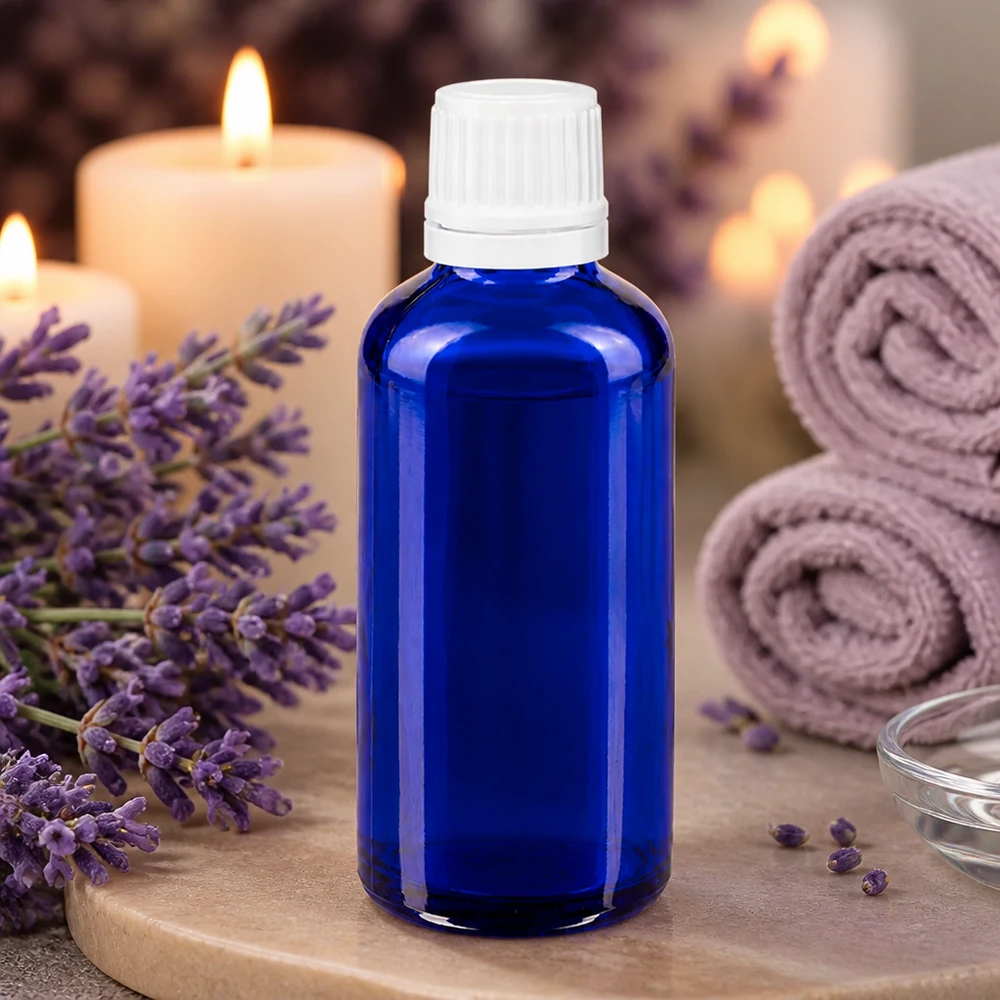 Blauwe glazen flessen 50ml met wit schroefsluiting VR Kobaltblauwe apofles van 50 ml met witte veiligheidsdop voor natuurlijke cosmetica en oliën