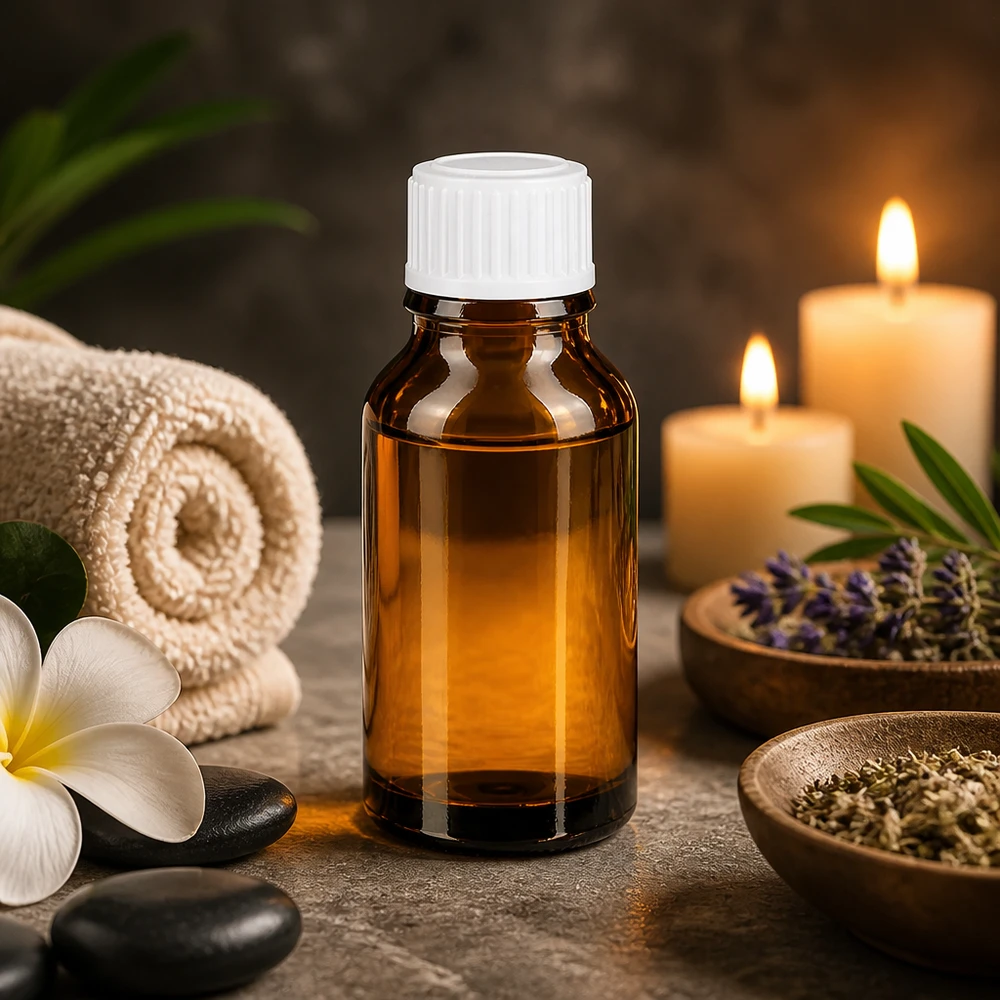 Doseerflesje van donker glas, 15 ml, met een witte druppeldop, omringd door geneeskrachtige kruiden en massagestenen