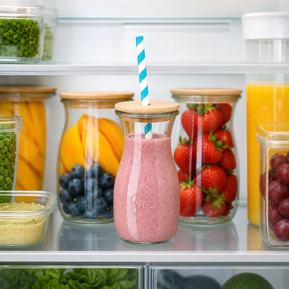 6 x WECK 290 ml sapfles RR60 met houten deksel en 100 ecologische papieren rietjes WECK sapfles 290ml met aardbeien smoothie in de koelkast tussen vers fruit houten deksel papieren rietje
