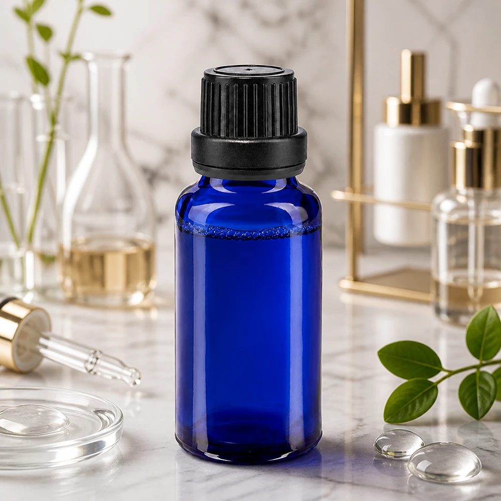 Kleine blauwe fles van 20 ml van apothekersglas met een kindveilige zwarte dop