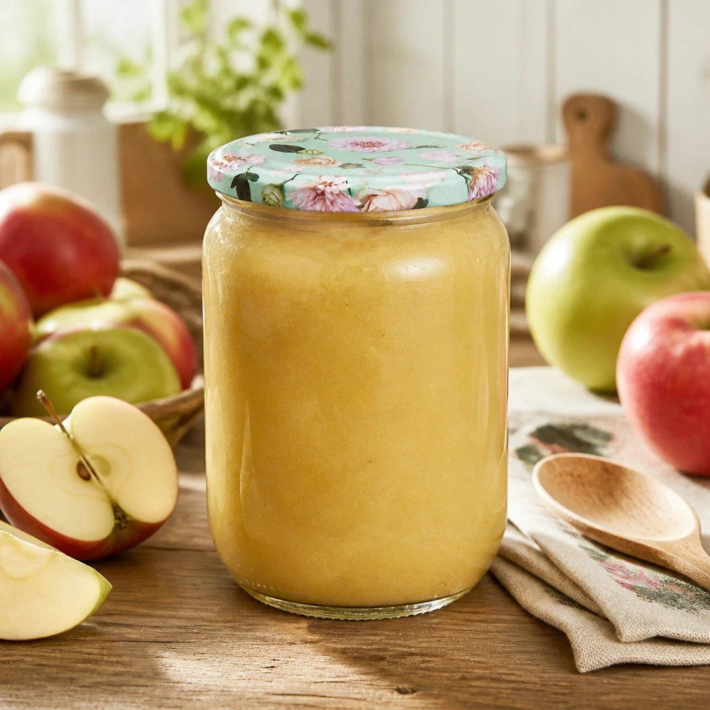 Zelfgemaakte appelmoes in een rond UNiTWIST-glazen pot van 555 ml met BasicSeal-deksel met bloemmotief in mintgroen