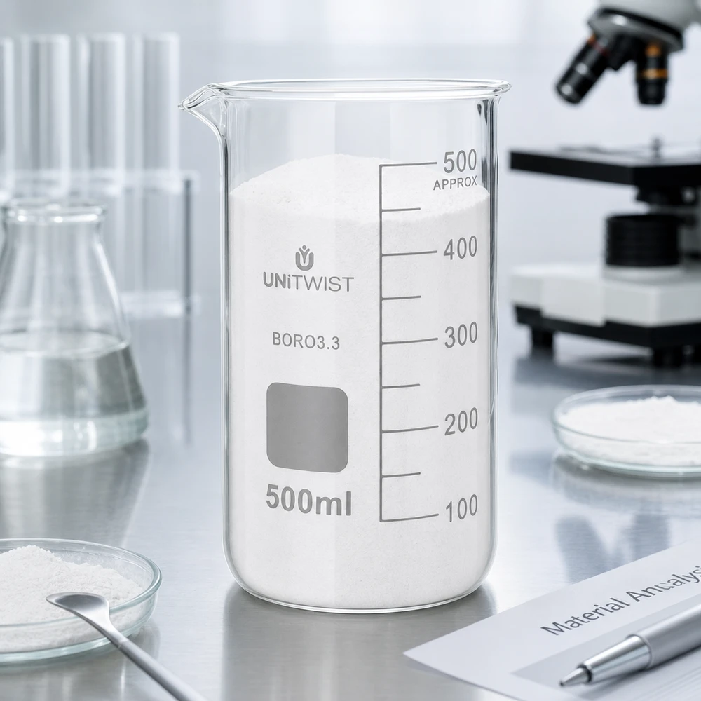 Doorzichtig bekerglas van 500 ml met schaalverdeling tot 500 ml, gevuld met witte vaste stof