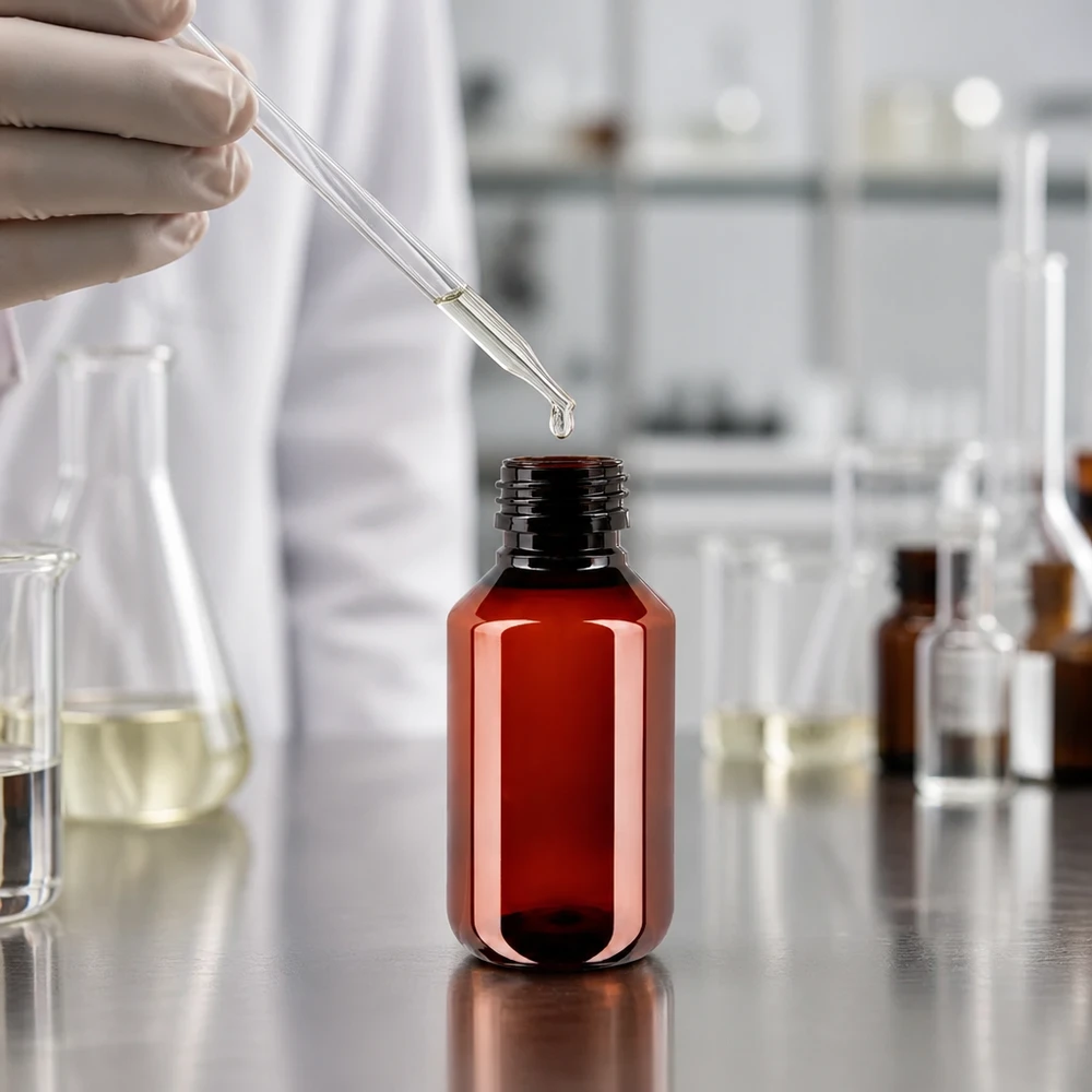 PET fles 100ml PP28 zonder dop Handschoenen, pipet, bruine PET-fles van 100 ml, PP28, voor professioneel laboratoriumgebruik