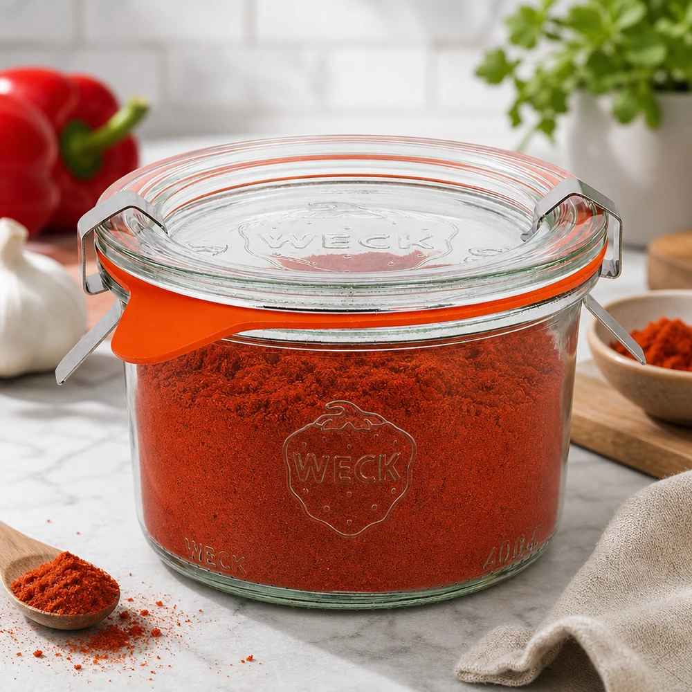 WECK bekers 200ml RR80 gevuld met paprikapoeder tonen perfecte kruidenopslag in de moderne keuken