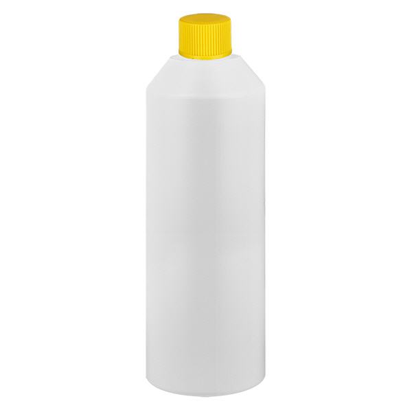 PET cilinderfles 250ml wit met schroefsluiting geel PET cilinderfles 250ml wit met schroefsluiting geel