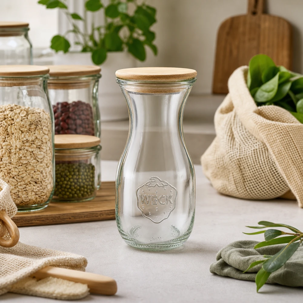 290ml sapflessen WECK RR60 met hout deksel WECK sapfles 290ml met houten deksel in zero-waste keuken met voorraadpotten en jute zakken