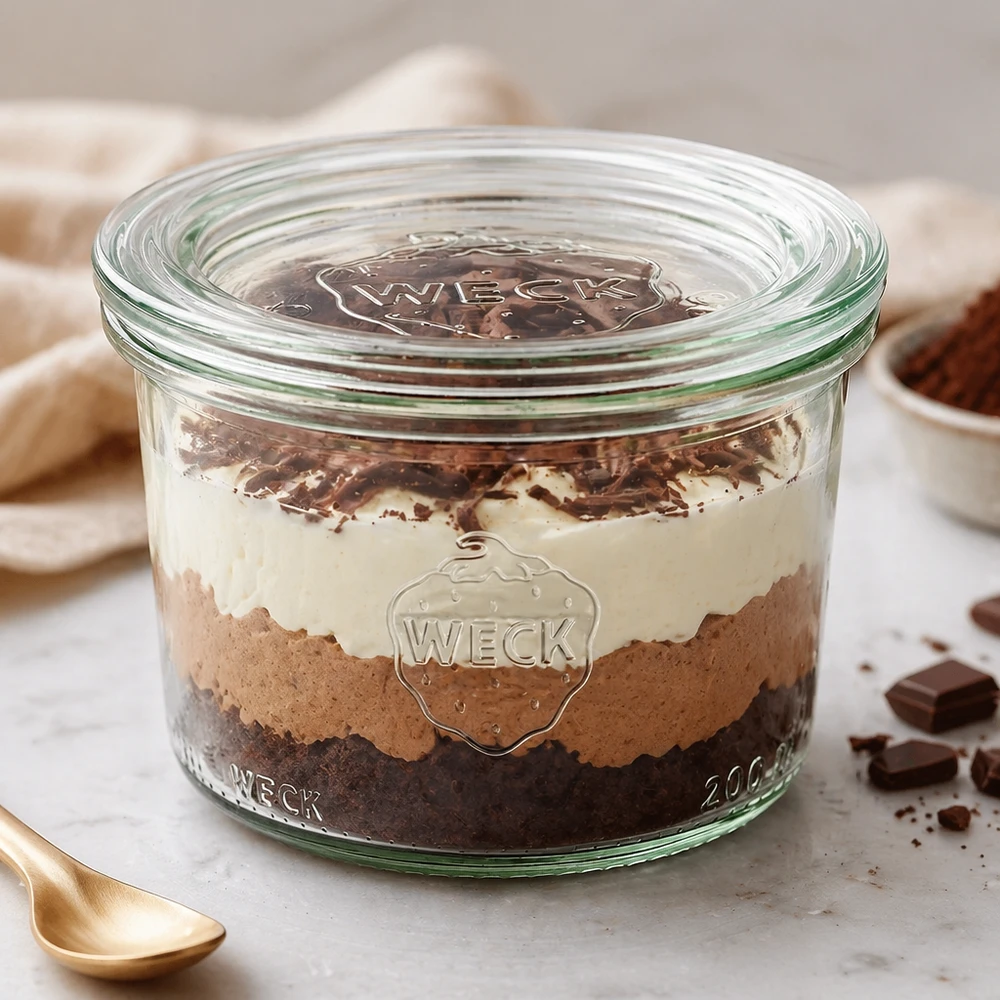 WECK bekers 200ml RR80 gevuld met gelaagd dessert toont veelzijdig gebruik als dessertpot en serveerschaal