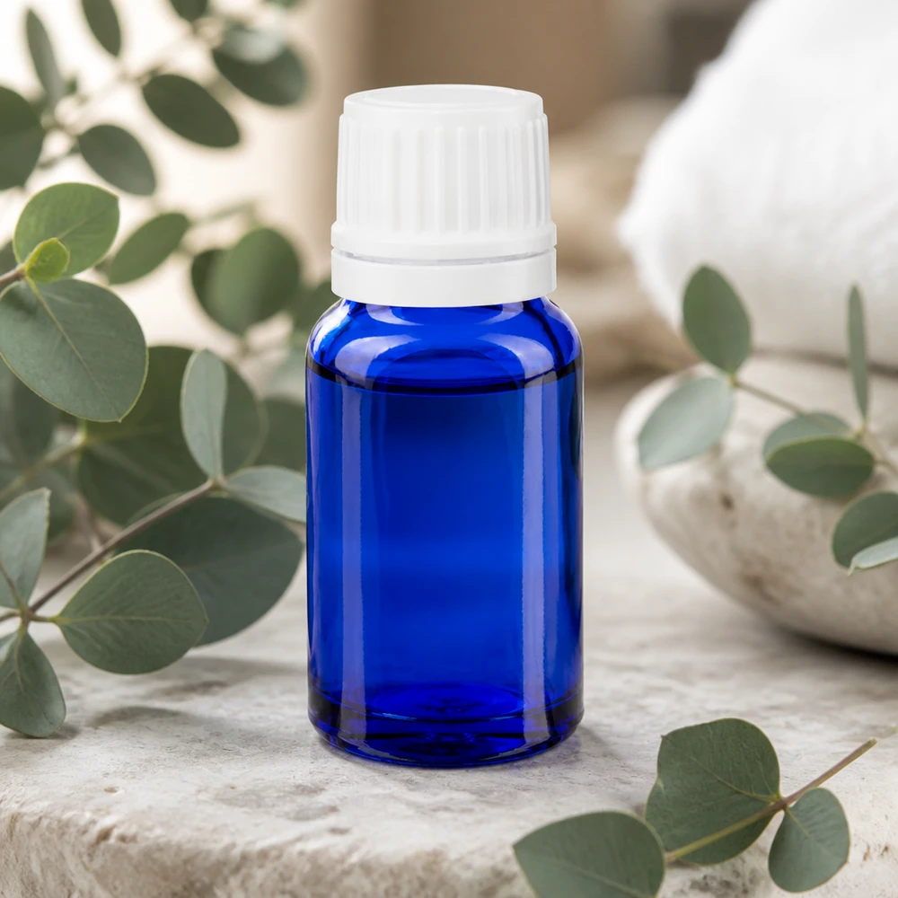 Kleine blauwe fles van UV-bestendig glas, 10 ml, met een witte schroefdop en een druppelaar