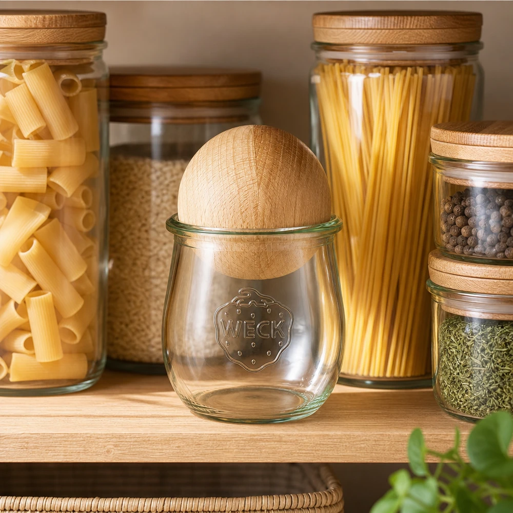 220ml tulpenglas WECK RR60 met houten bal WECK tulpenpot 220ml RR60 met beuken bol deksel in moderne opbergkeuken naast pasta- en kruidenpotjes