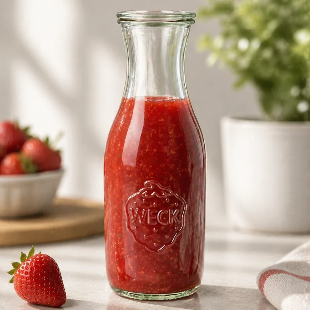 WECK sapfles 1062ml gevuld met vers aardbeiensap op aanrecht naast enkele aardbei en plant